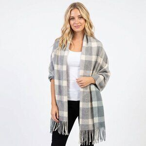 Love & Lore Plaid Oversized Wrap Scarf Shawl Grey White Green Tasseled Office